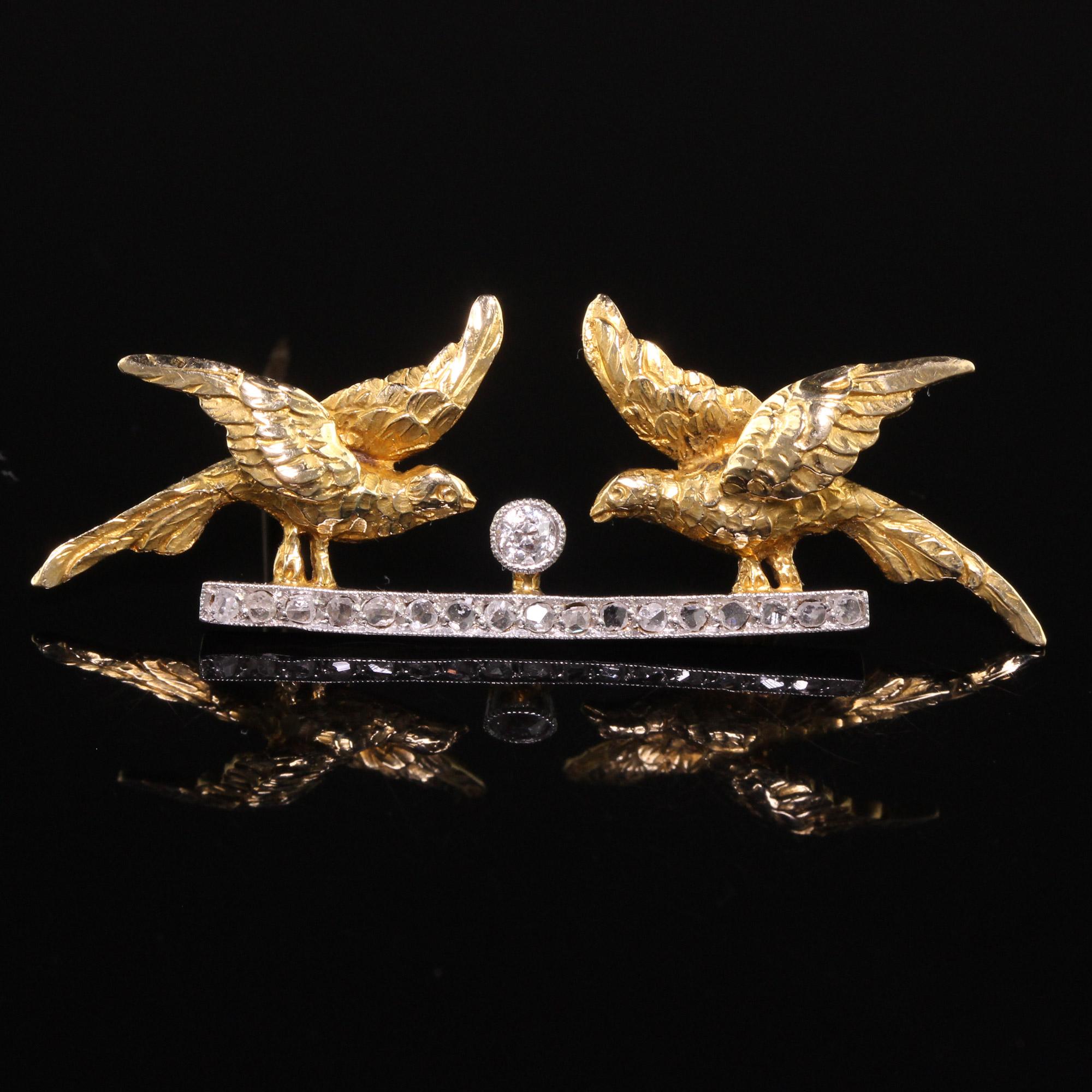 Antique Edwardian 18k Yellow Gold Platinum Top Rose Cut Double Bird Pin For Sale 2