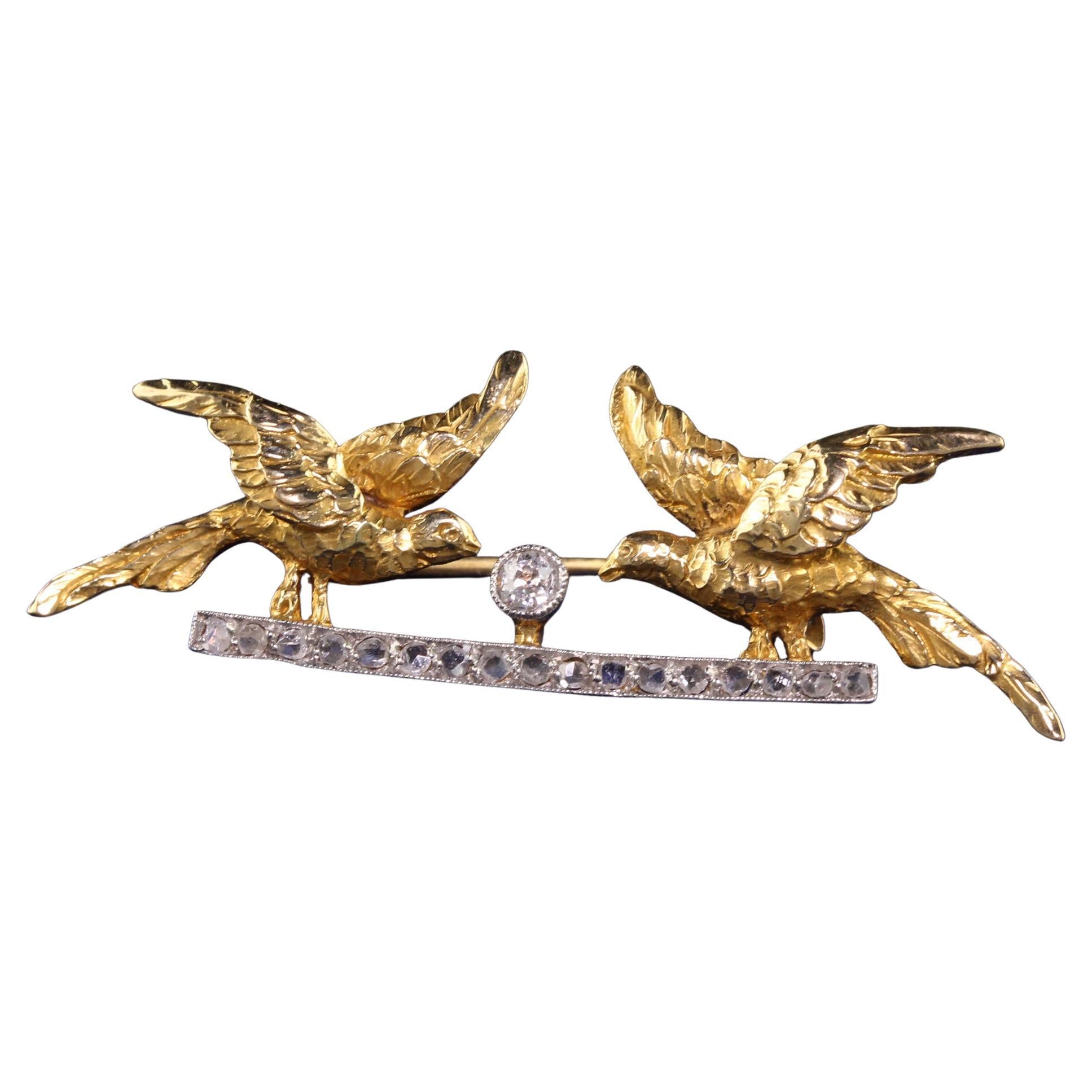 Antique Edwardian 18k Yellow Gold Platinum Top Rose Cut Double Bird Pin For Sale
