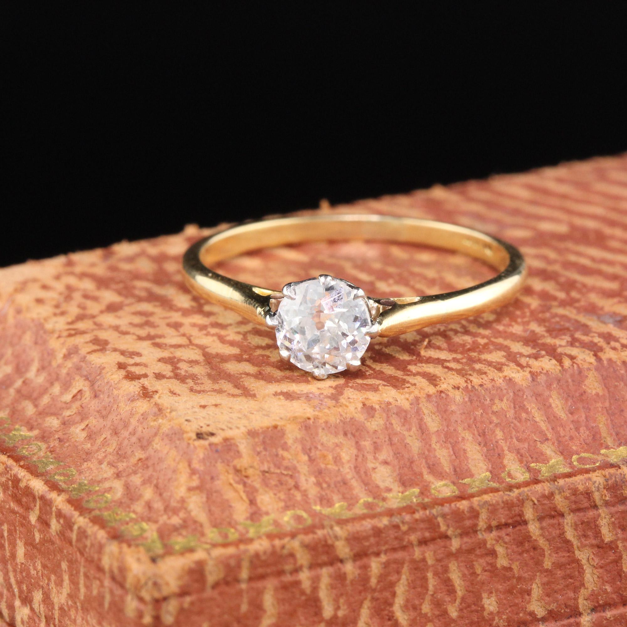 Classic & beautiful Edwardian Solitaire Engagement Ring in 18K Yellow Gold with 8 Platinum Prongs.

#R0177

Metal: 18K Yellow Gold & Platinum

Weight: 2.2 Grams

Total Diamond Weight: 0.56 ct old mine cut diamond

Diamond Color: H

Diamond Clarity: