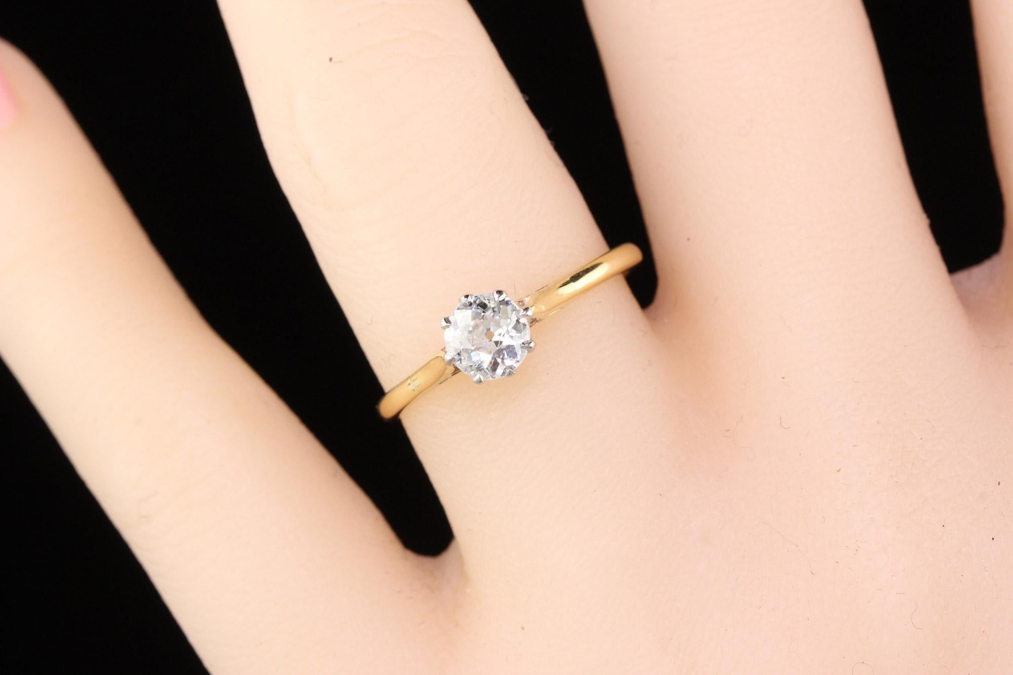 Old Mine Cut Antique Edwardian 18 Karat Gold Platinum Top Solitaire Diamond Engagement Ring