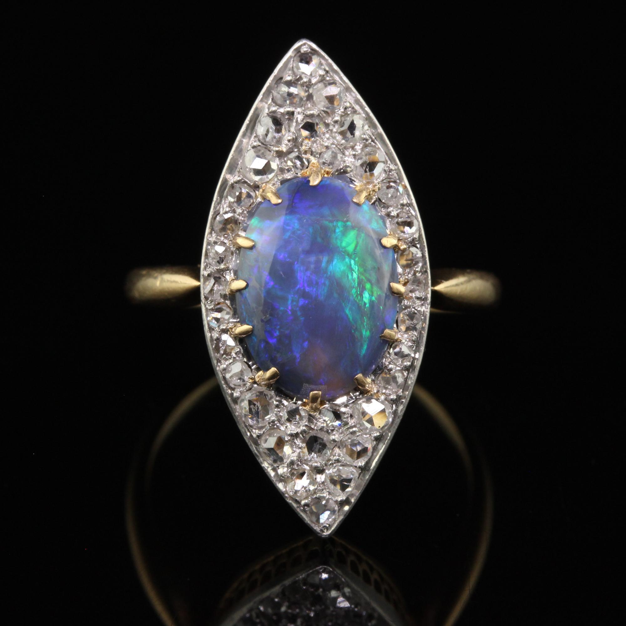 Antique Edwardian 18K Yellow Gold Rose Cut Diamond and Black Opal Navette Ring In Good Condition For Sale In Great Neck, NY