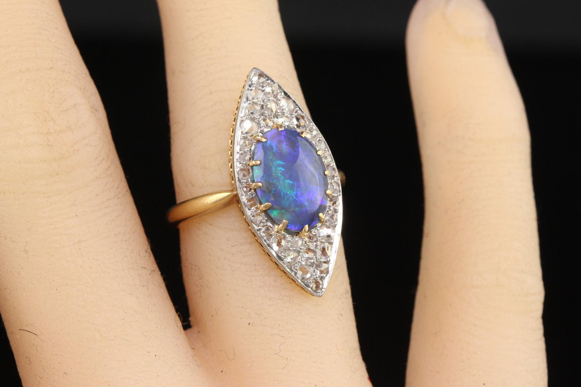Antique Edwardian 18K Yellow Gold Rose Cut Diamond and Black Opal Navette Ring For Sale 1