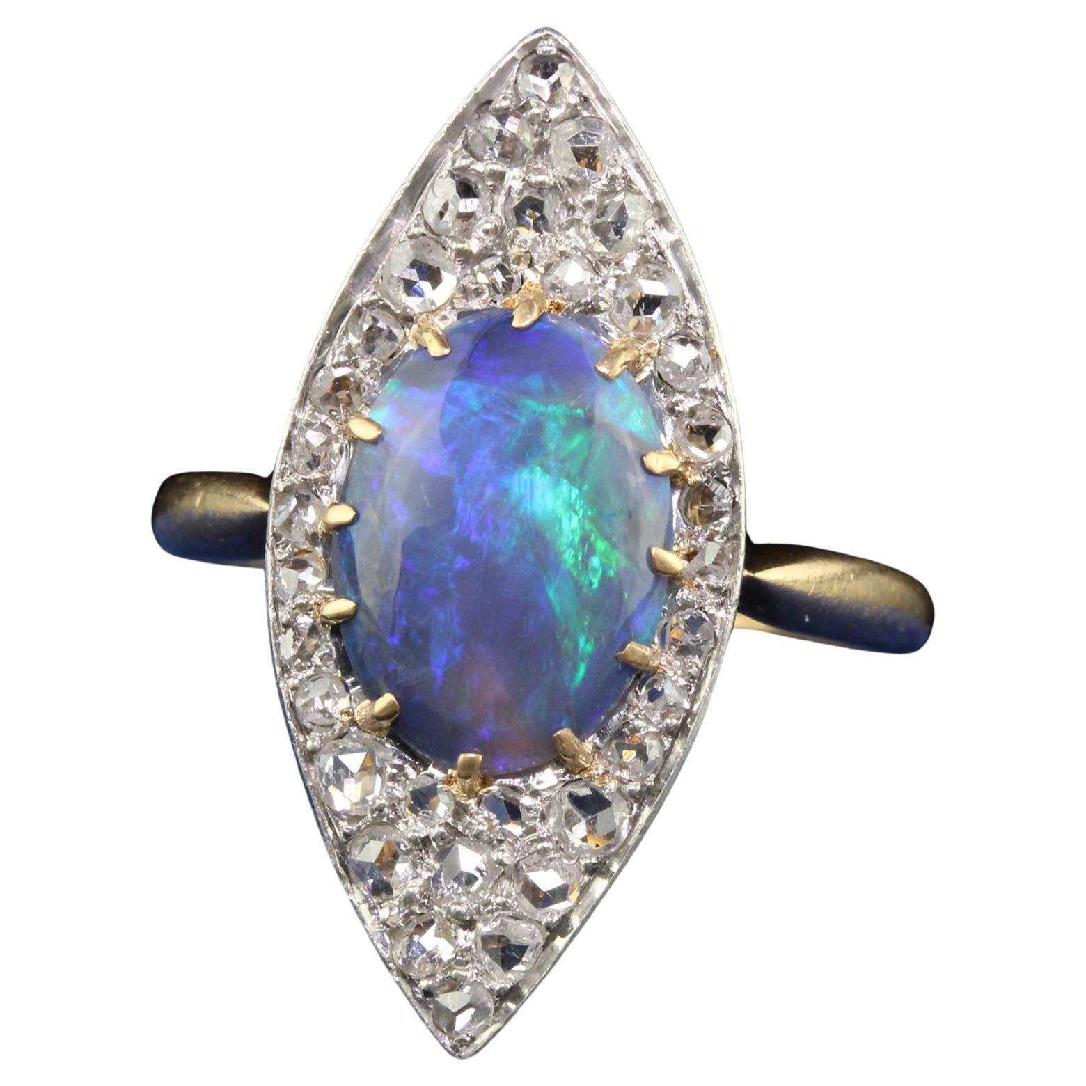 Antique Edwardian 18K Yellow Gold Rose Cut Diamond and Black Opal Navette Ring For Sale
