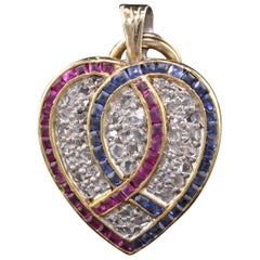 Antique Edwardian 18 Karat Gold, Ruby, Sapphire and Diamond Heart Lock Pendant
