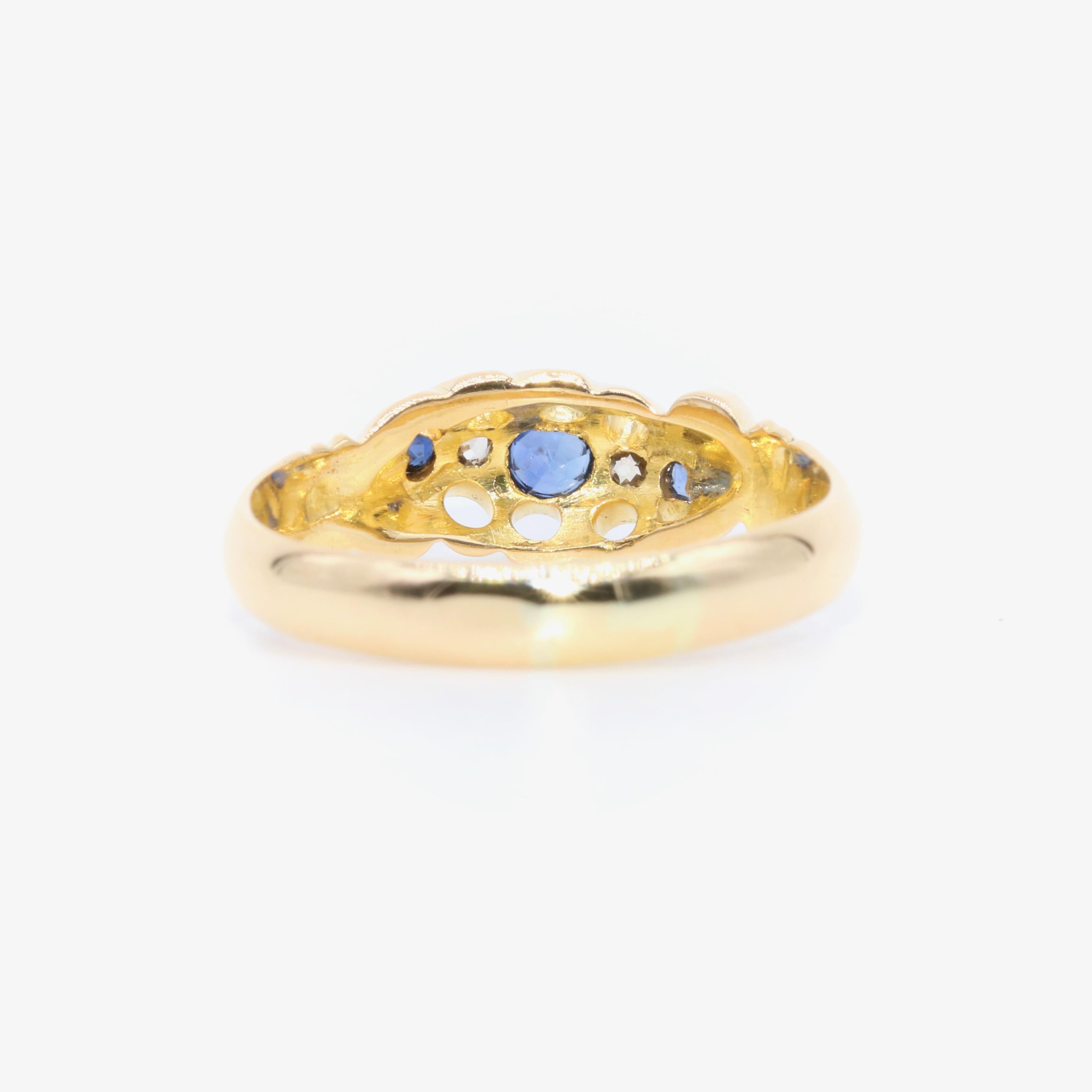 Antique Edwardian 18K Yellow Gold Sapphire and Diamond 5 Stone Ring For Sale 2