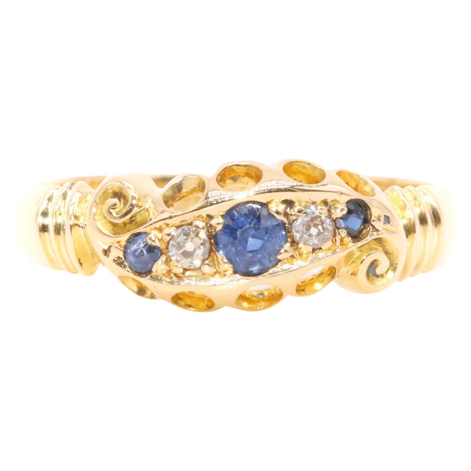 Antique Edwardian 18K Yellow Gold Sapphire and Diamond 5 Stone Ring
