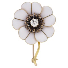Antique Edwardian 18kt Yellow Gold Flower Brooch with White Enamel