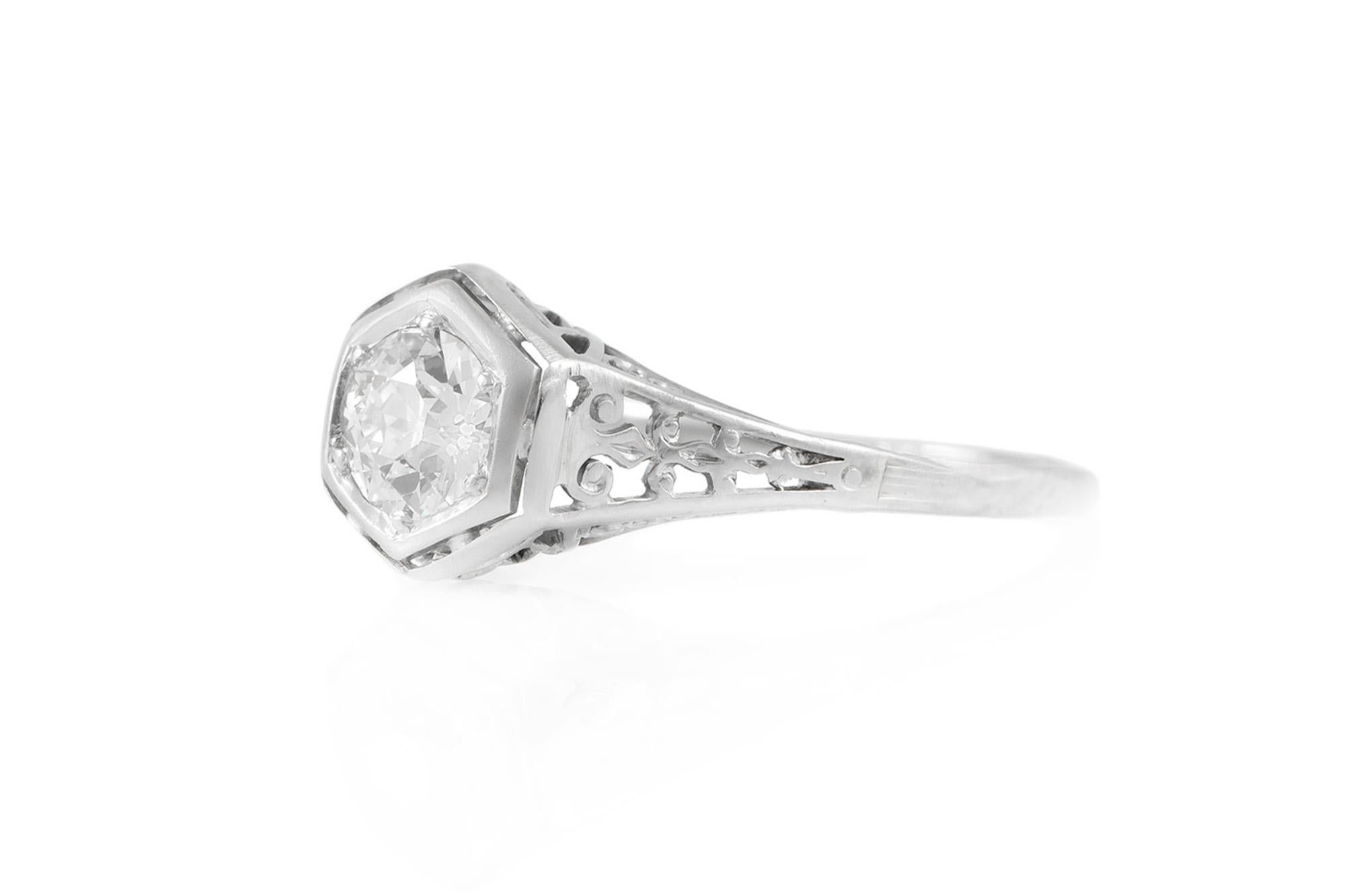 Finely crafted in 18k white gold with an Old European cut Diamond weighing approximately 0.75 carat, F color, VS clarity.
Circa 1910s
Size 8, resizable