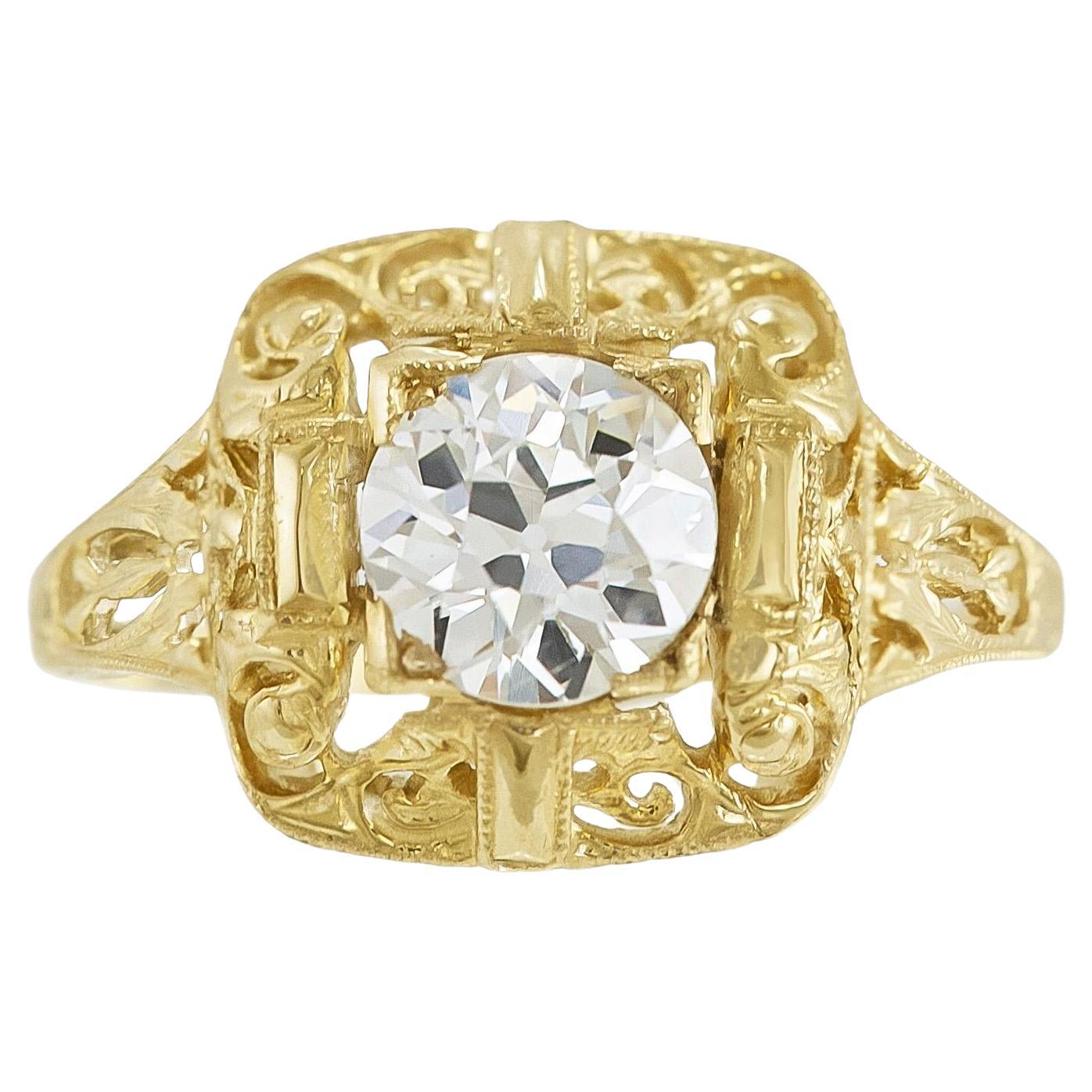 Bague de fiançailles ancienne Edwardian 1900s 0.94 Carat Old European Cut Diamond Engagement Ring en vente