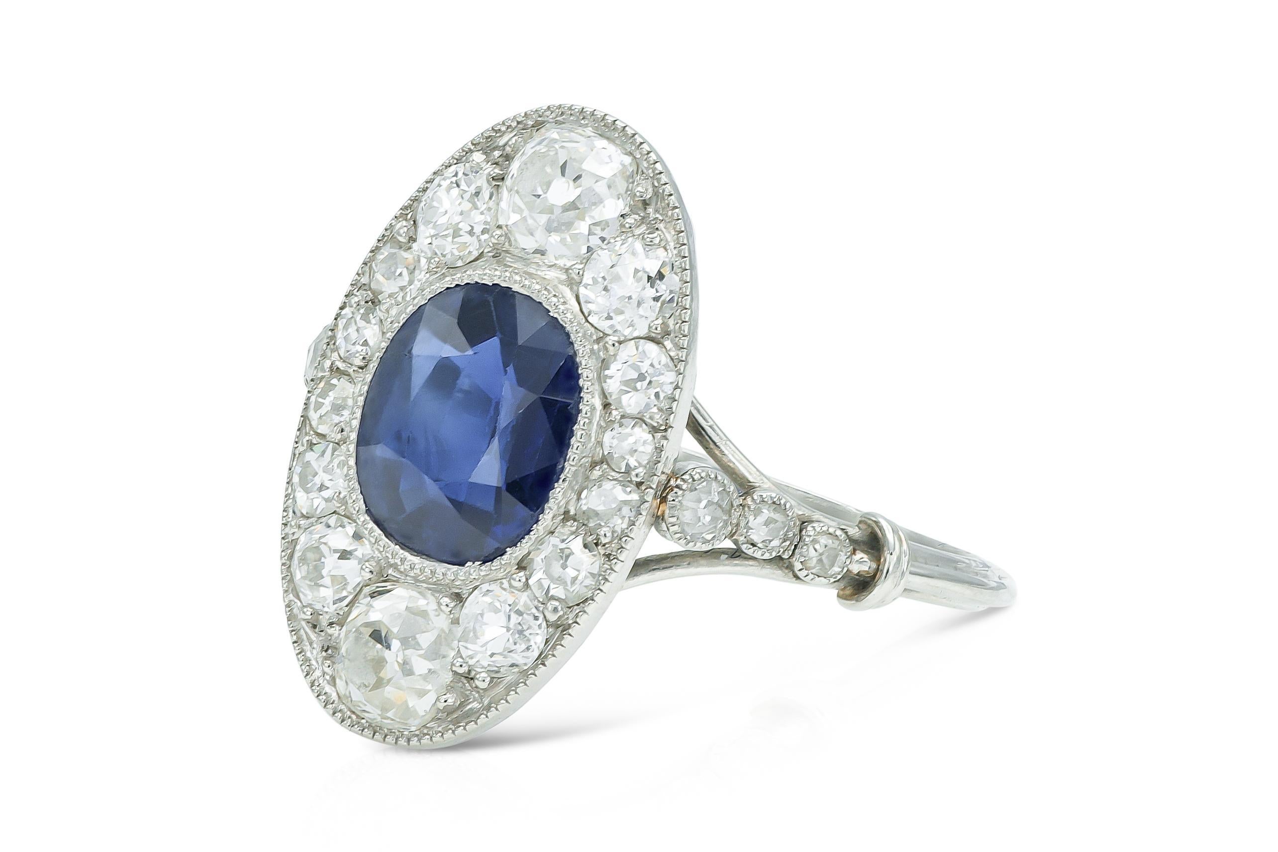 Finely crafted in platinum with an Oval cut Sapphire weighing approximately 1.50 carats and Old Mine cut Diamonds weighing approximately a total of 0.90 carats.
Circa early 1900s
Size 6, resizable