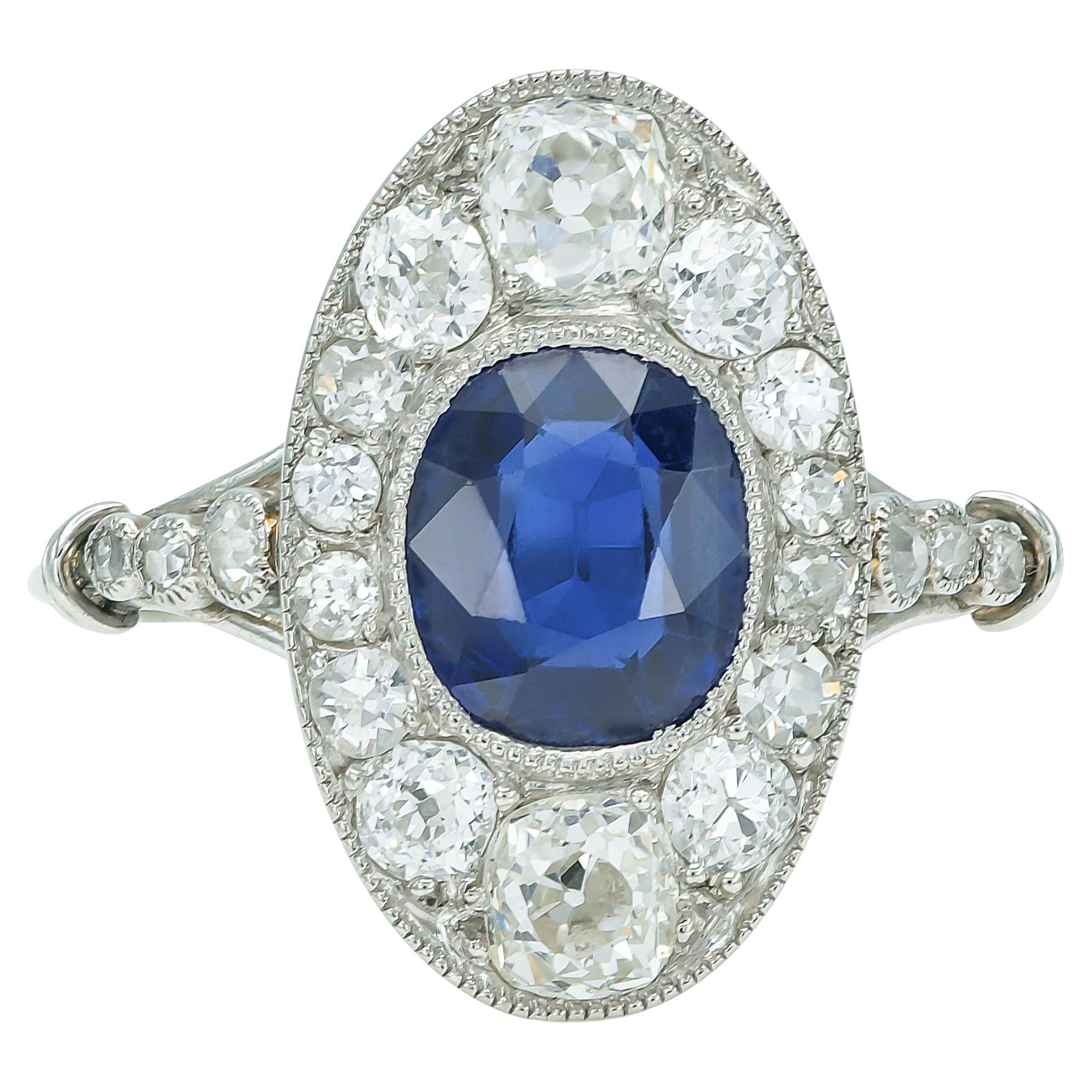 Antique Edwardian 1900s 1.50 Carat Sapphire Dinner Ring with Diamonds