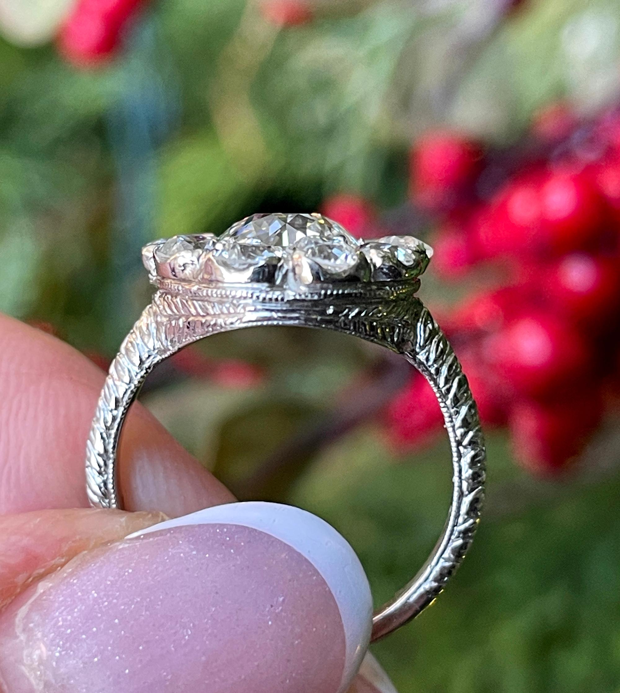 Antique Edwardian 1900s GIA H-VS2 3.38ctw OLD Euro Cut Diamond Cluster Plat Ring For Sale 7