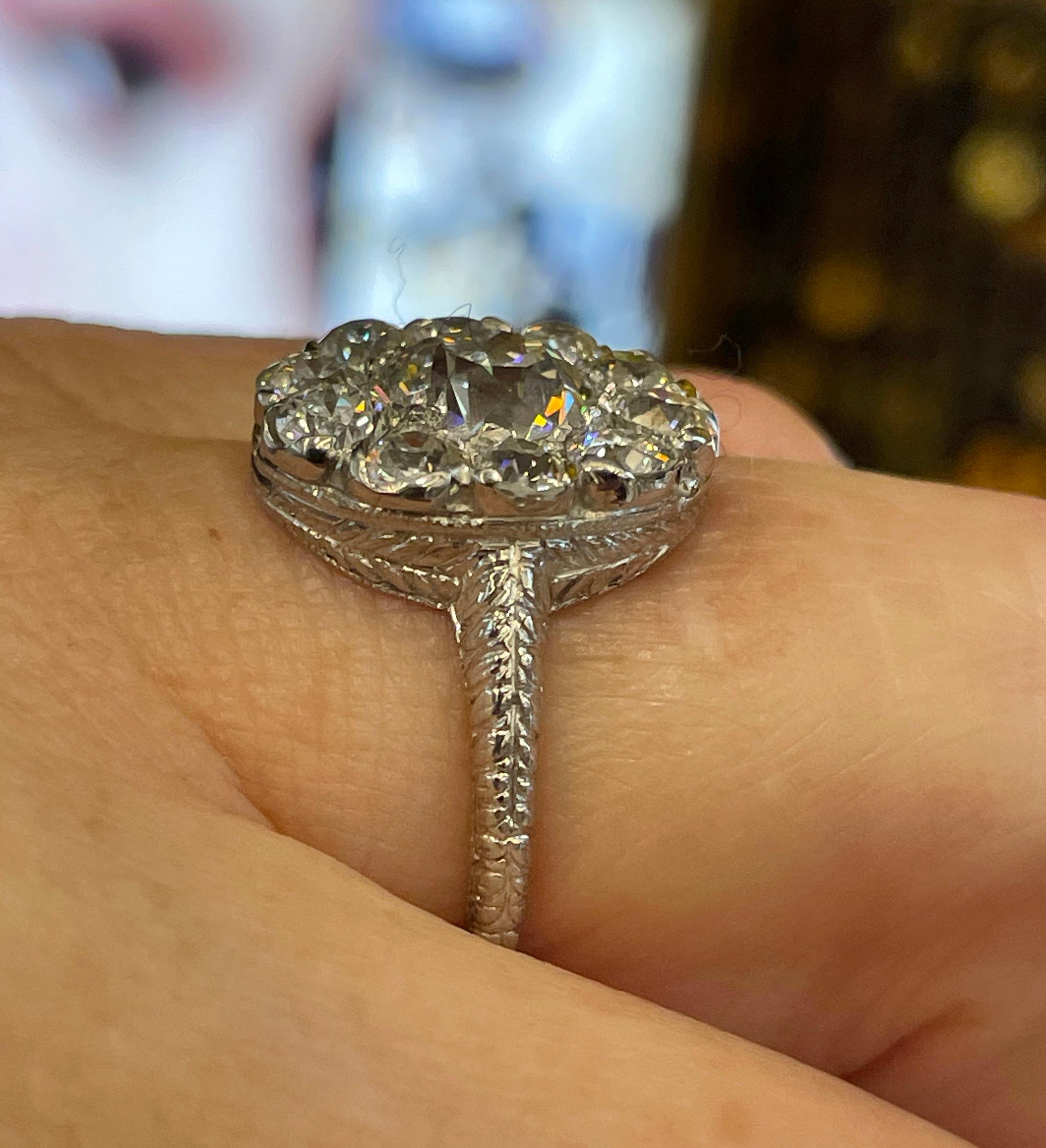 Antique Edwardian 1900s GIA H-VS2 3.38ctw OLD Euro Cut Diamond Cluster Plat Ring For Sale 10