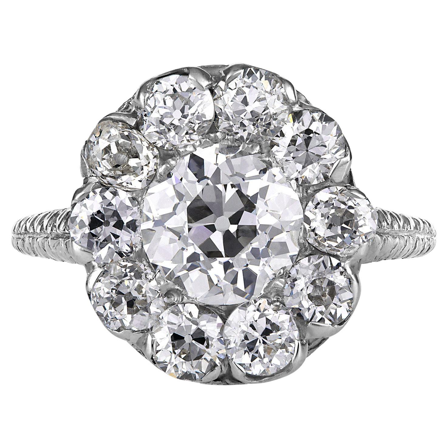 Antique Edwardian 1900s GIA H-VS2 3.38ctw OLD Euro Cut Diamond Cluster Plat Ring For Sale