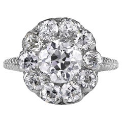 Vintage Edwardian 1900s GIA H-VS2 3.38ctw OLD Euro Cut Diamond Cluster Plat Ring