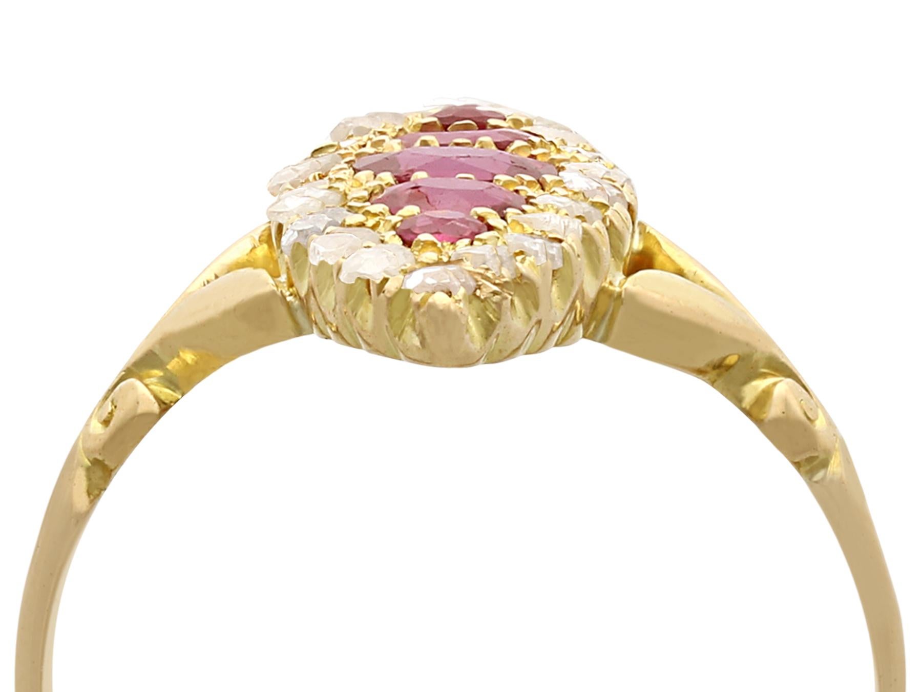 An impressive antique Edwardian 0.75 carat ruby and 0.19 carat diamond, 18 karat yellow gold marquise shaped ring; part of our diverse antique jewelry collections.

This fine and impressive ruby and diamond Edwardian ring has been crafted in 18k