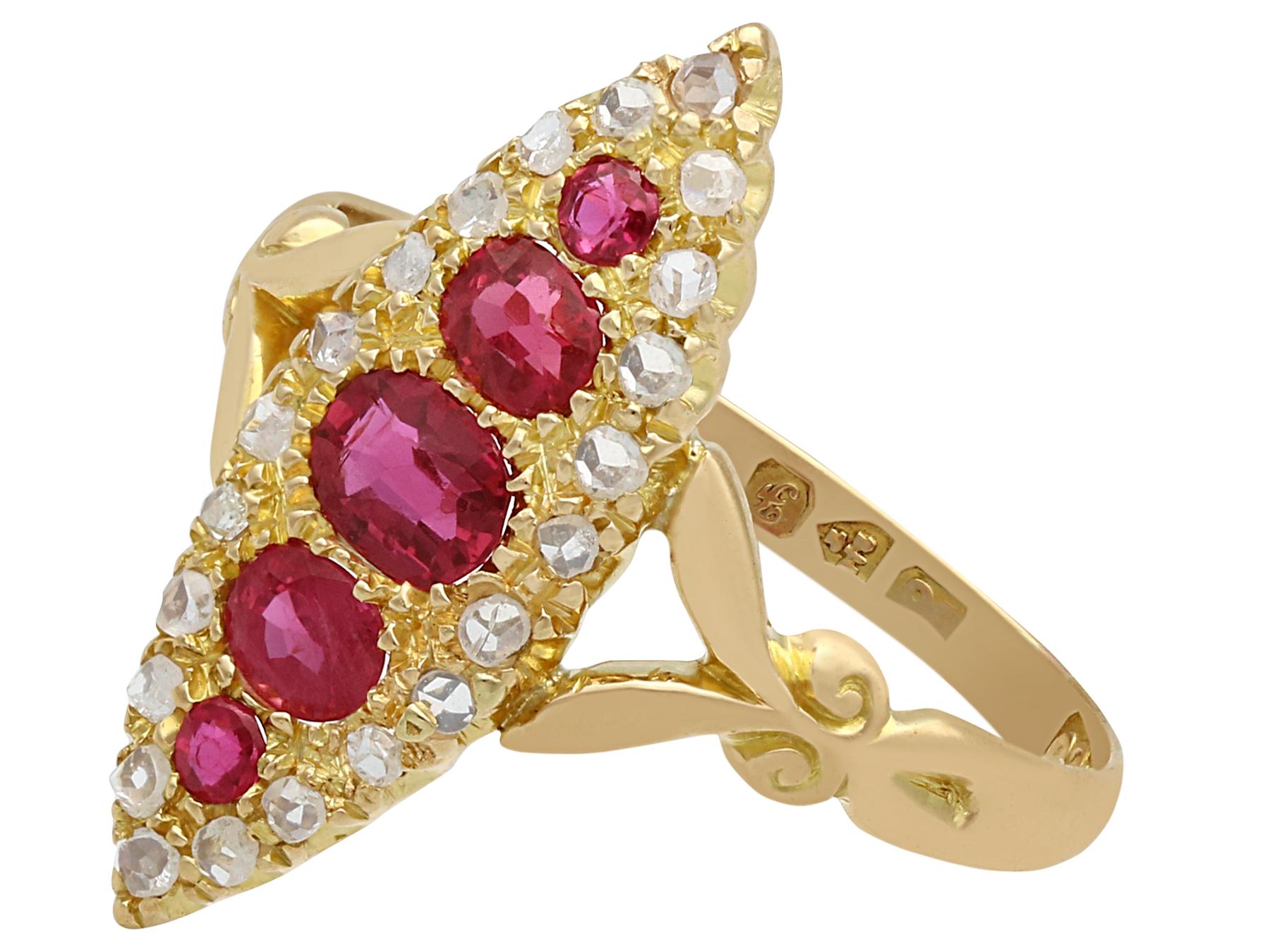 Marquise Cut Antique Edwardian 1900s Ruby Diamond Gold Marquise Ring