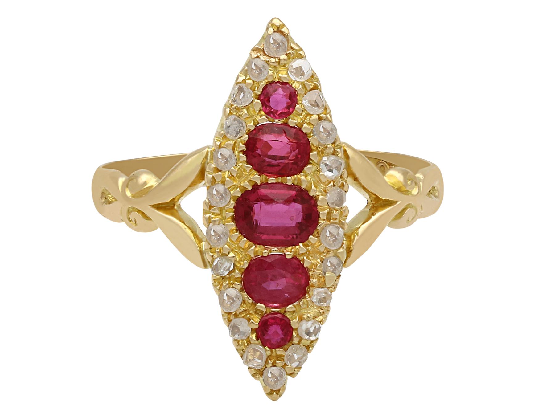 Antique Edwardian 1900s Ruby Diamond Gold Marquise Ring In Excellent Condition In Jesmond, Newcastle Upon Tyne