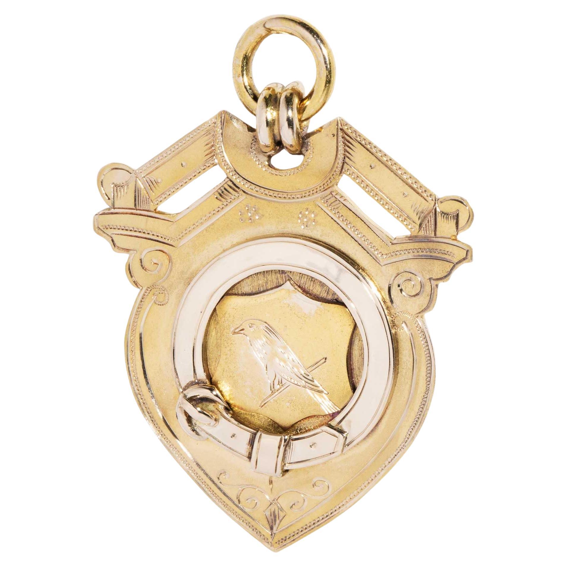 Antique Edwardian 1901 Shield Award Pendant 15 Carat Yellow Gold