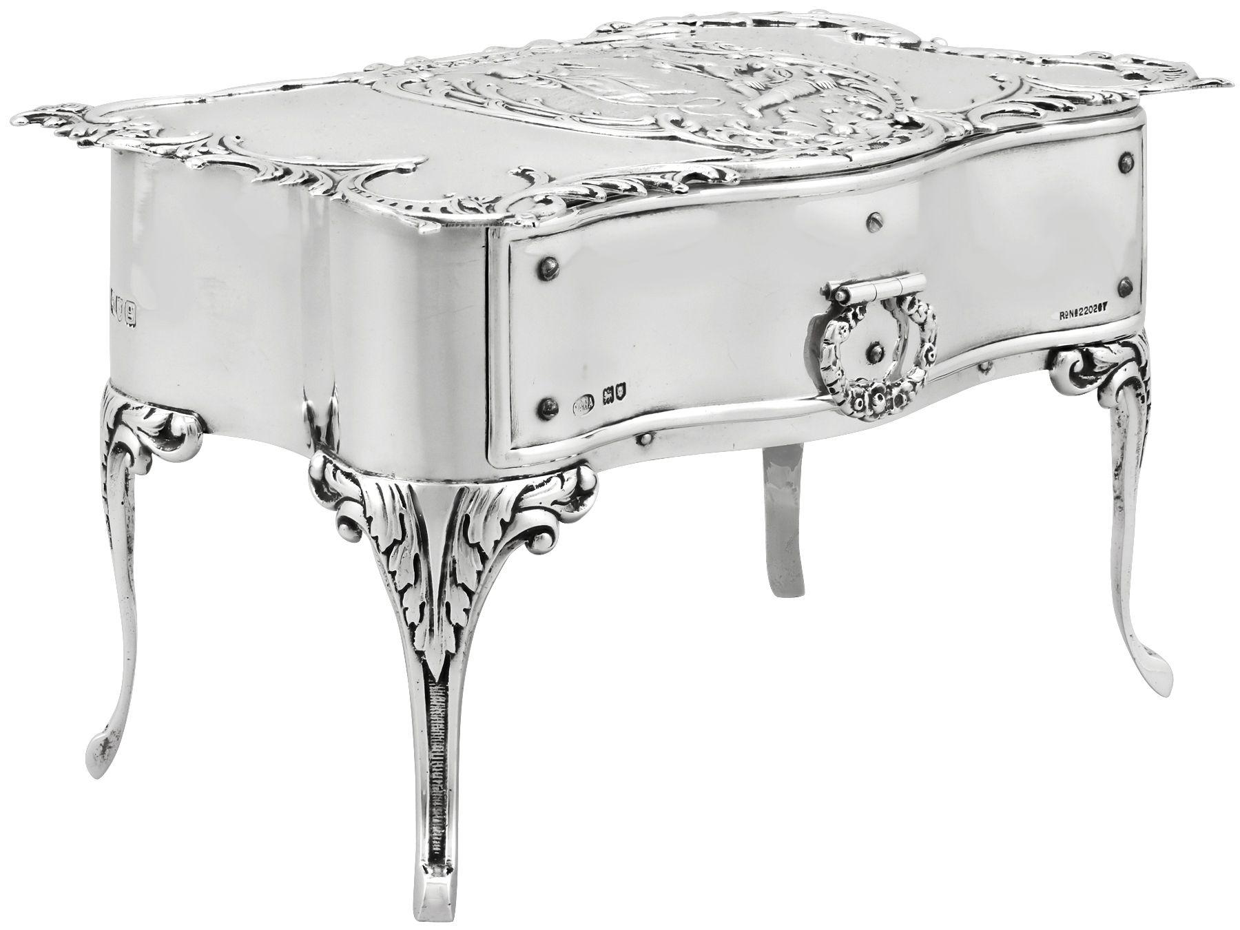 An exceptional, fine and impressive antique Edwardian English sterling silver jewelry box; an addition to the ornamental silverware collection

This exceptional antique Edwardian sterling silver jewelry box has been realistically modelled in the