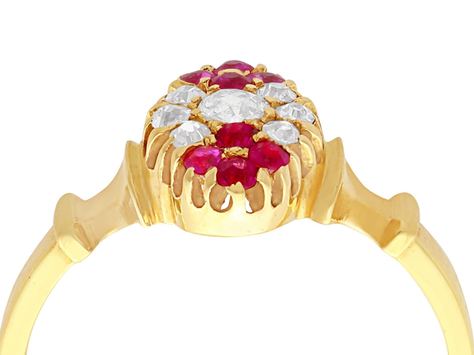 A fine and impressive antique Edwardian 0.28 carat diamond, 0.24 carat ruby cocktail ring in 18 karat yellow gold; part of our antique jewelry and estate jewelry collections.

This impressive Edwardian ruby ring has been crafted in 18k yellow