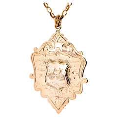 Antique Edwardian 1908 Shield Pendant & Vintage Chain 9 Carat Yellow Gold