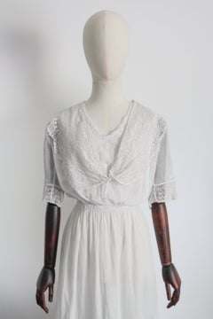 Antique Edwardian 1910 Cotton Lawn White Dress Edwardian Lace Lawn Dress UK 12