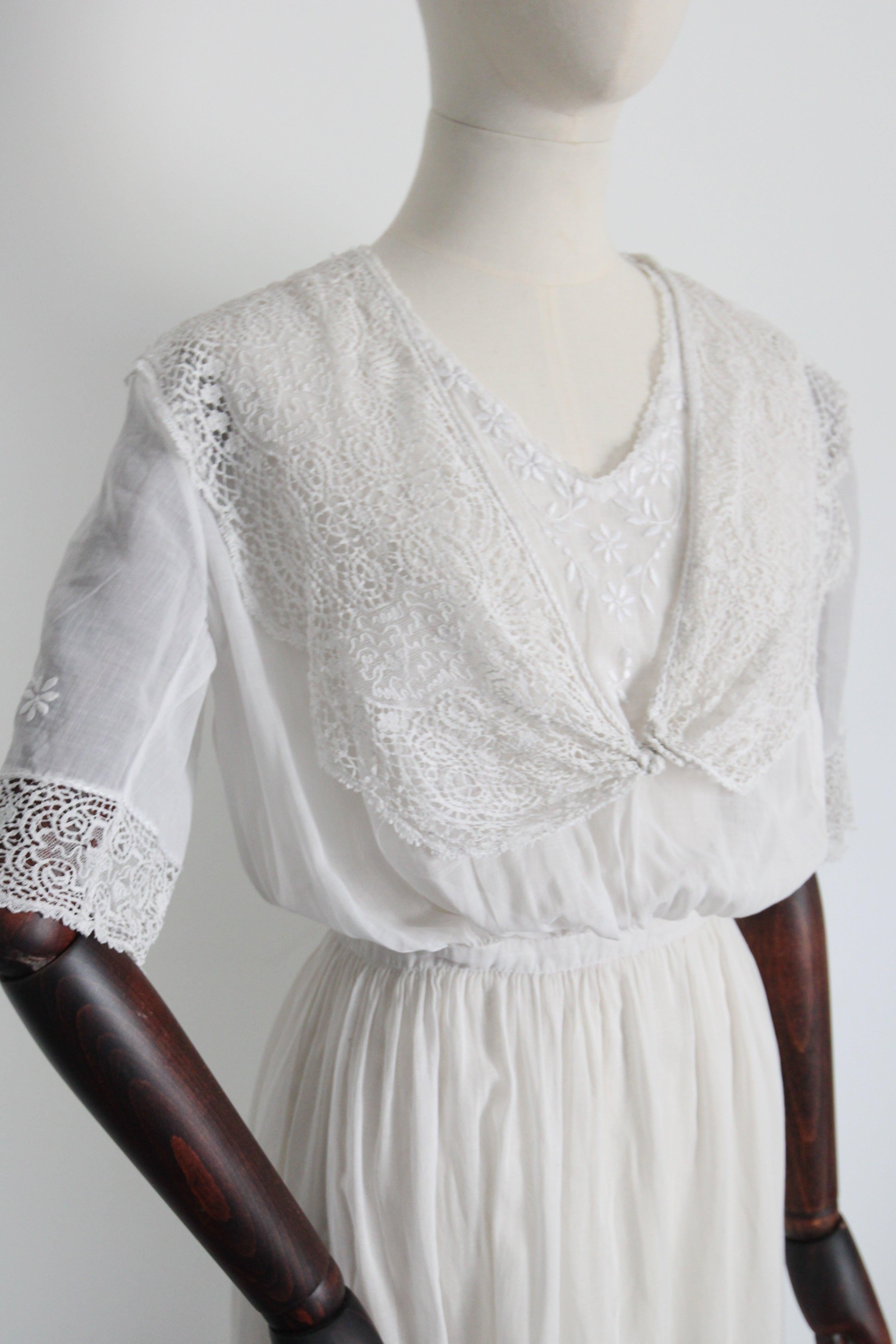 Women's Antique Edwardian 1910 Cotton Lawn White Dress Edwardian Lace Lawn Dress UK 12