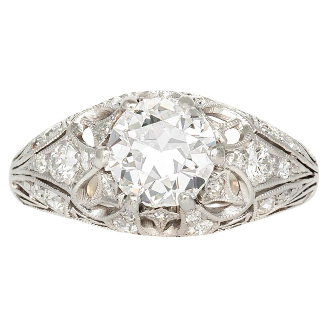 Bague de fiançailles édouardienne ancienne des années 1910 avec diamant taille européenne ancienne de 1,30 carat en vente