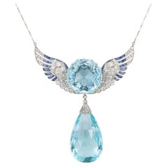Collier pendentif édouardien ancien des années 1910 avec ailes d'aigue-marine de 140,00 carats