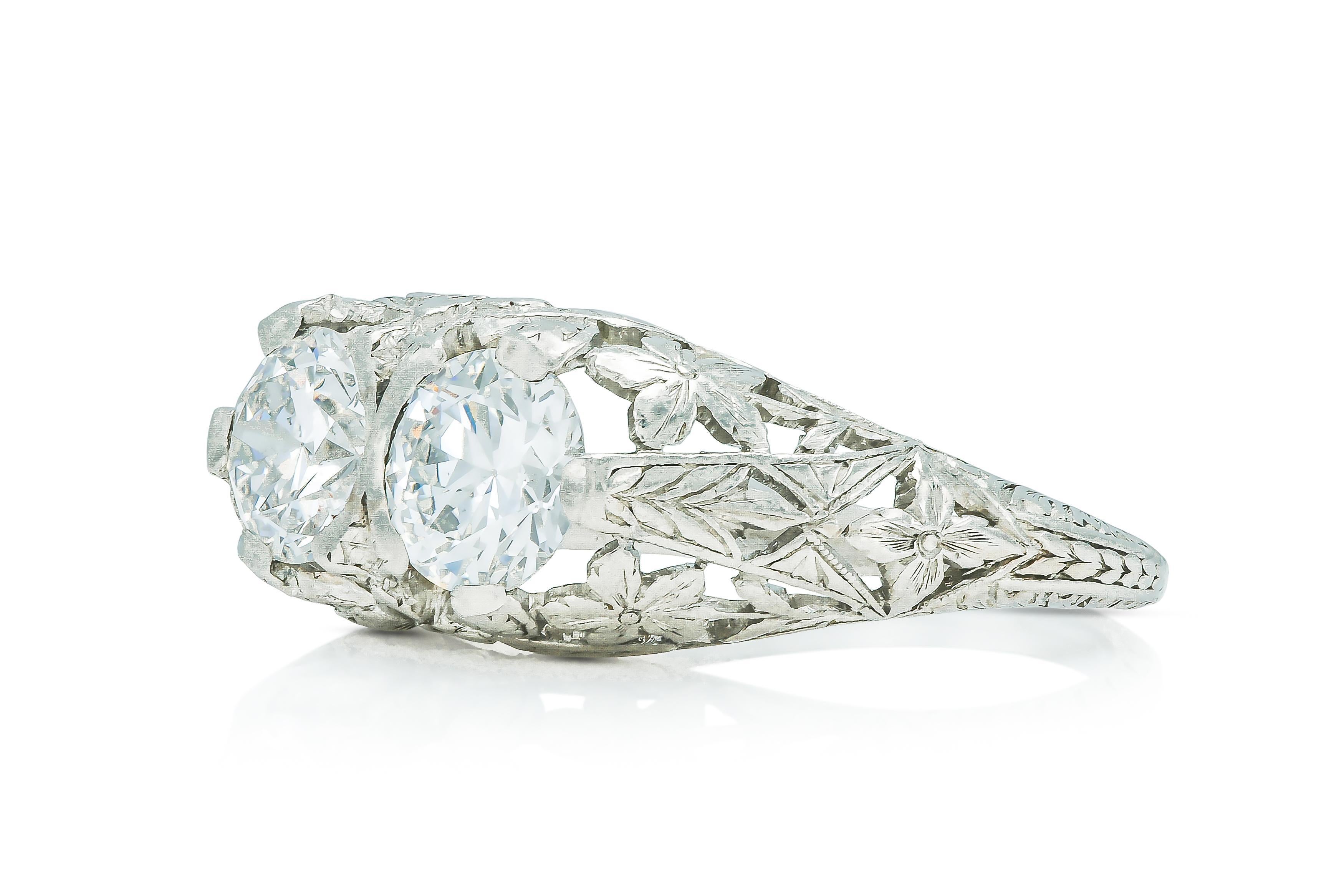 Finely crafted in platinum with two GIA certified Old European cut Diamonds.
0.71 carat, G color VS2 clarity, GIA #2165991576
0.76 carat, G color, VS2 clarity, GIA 6187042068
Circa 1910s
Size 6 1/2, resizable