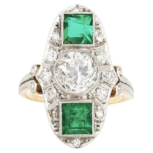 Ancienne bague de table édouardienne des années 1910 avec 1,50 carat de diamant et 1,00 carat d'émeraude en vente