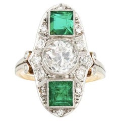 Ancienne bague de table édouardienne des années 1910 avec 1,50 carat de diamant et 1,00 carat d'émeraude