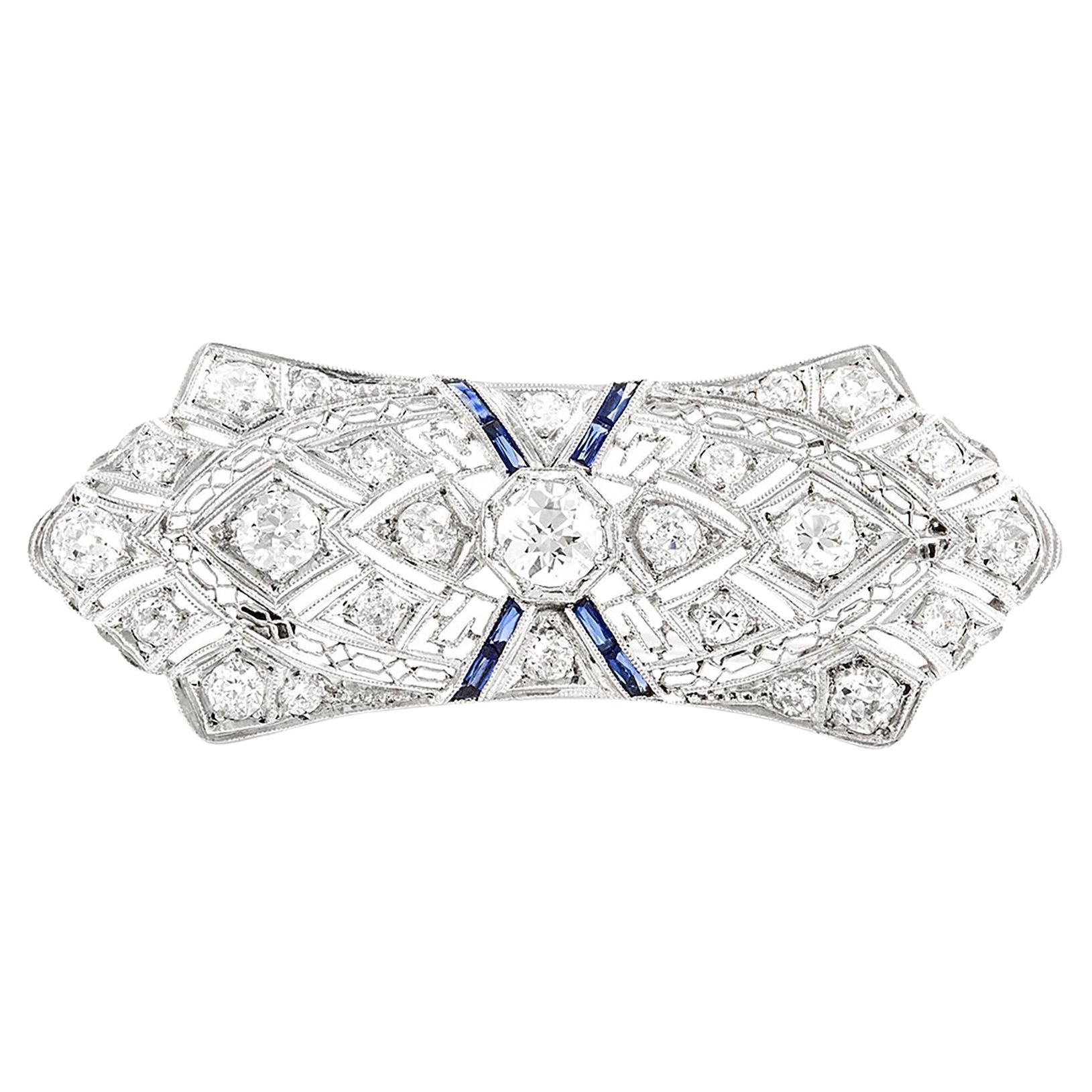 Antique Edwardian 1910s 3.00 Carat Diamond Brooch with Sapphires