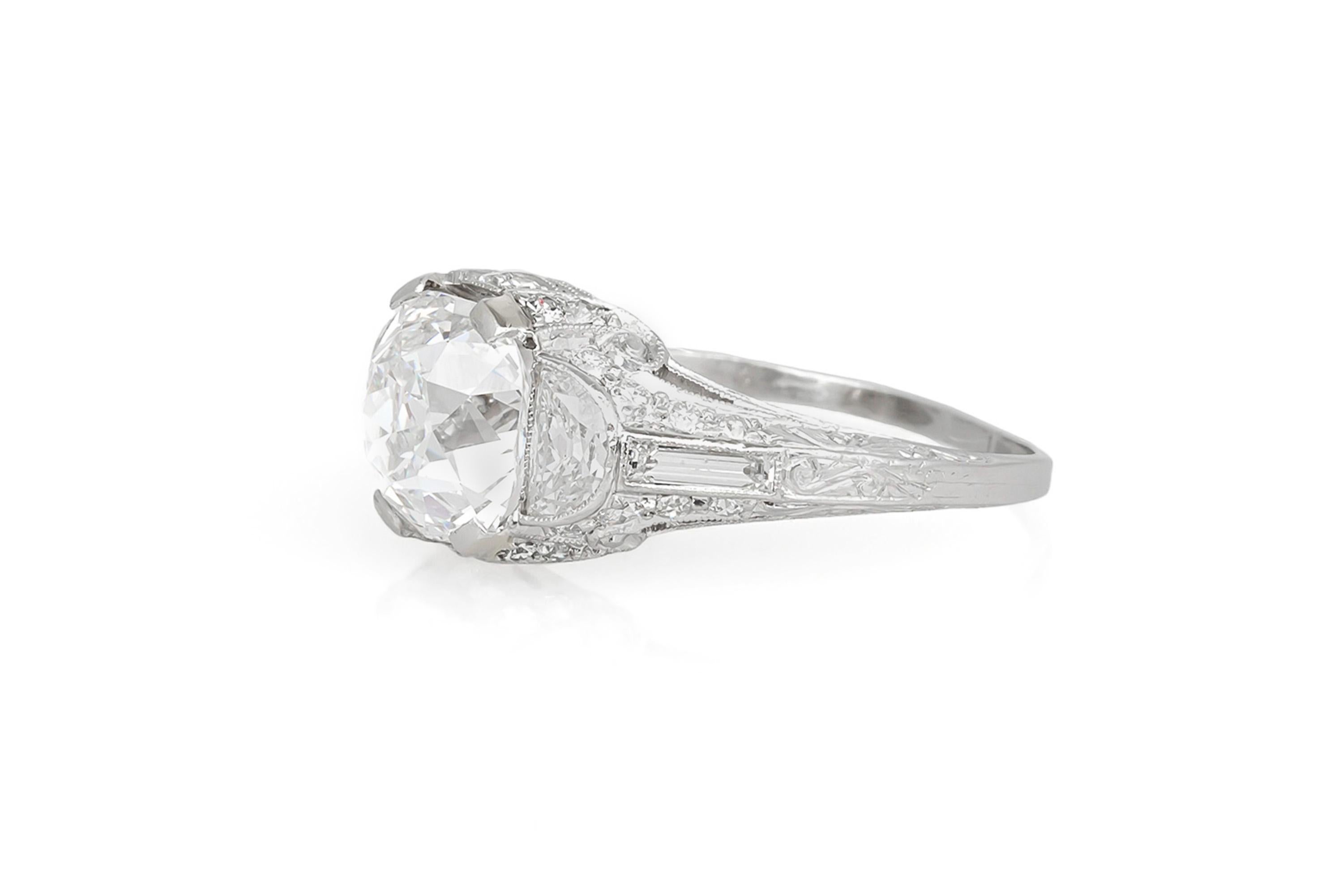 Finely crafted in platinum with a GIA certified Old Mine cut center Diamond weighing 3.00 carats, D color, VS1 clarity, GIA #15608491.
The ring features 2 Half Moon cut side Diamonds weighing approximately a total of 1.00 carat.
Circa 1910s
Size 8