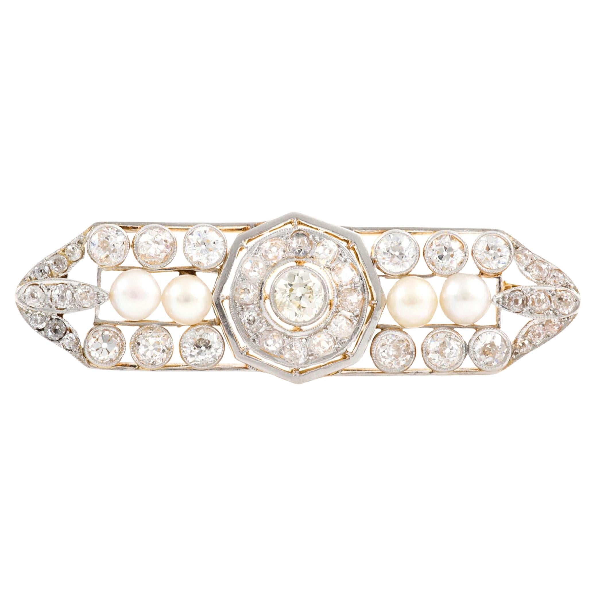 Antique Edwardian 1910s 4.50 Carat Diamonds & Pearl Brooch