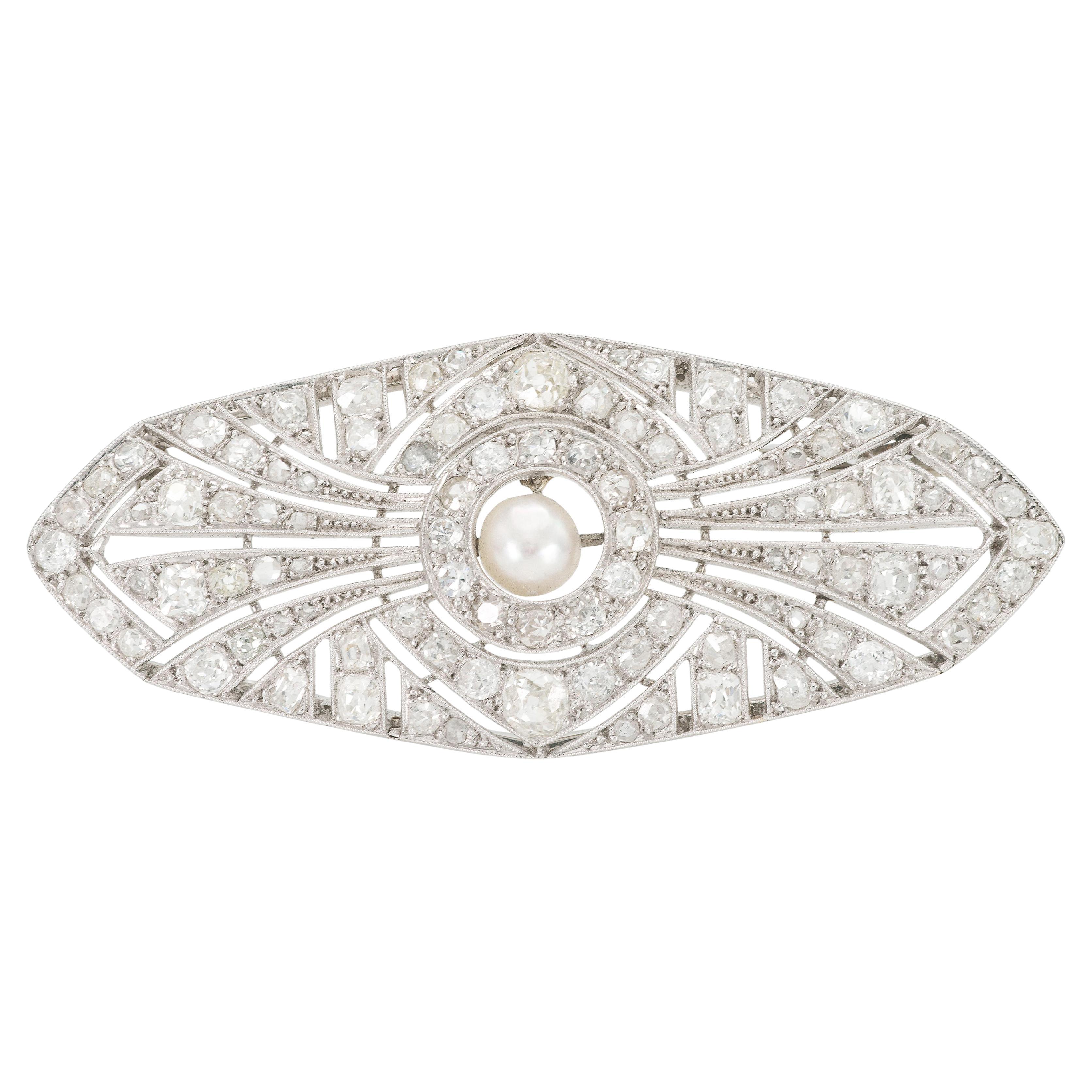 Antique Edwardian 1910s 5.00 Carat Diamonds & Pearl Brooch
