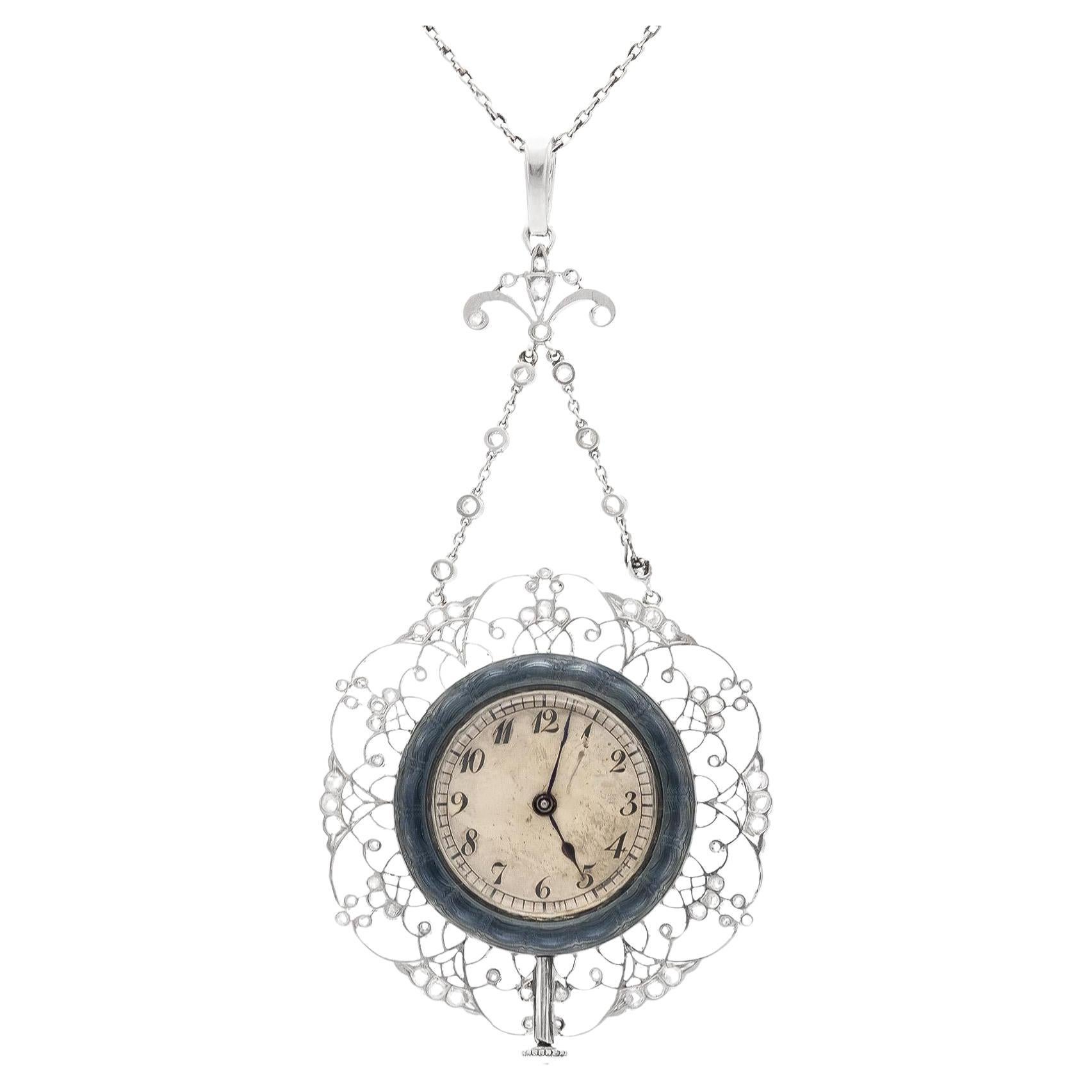 Antiguo reloj eduardiano de 1910 con colgante de esmalte azul y diamantes