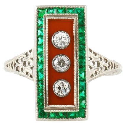 Antique Edwardian 1910s Carnelian and Emerald Dinner Ring with Diamonds For Sale