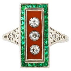 Antique Edwardian 1910s Carnelian and Emerald Dinner Ring with Diamonds