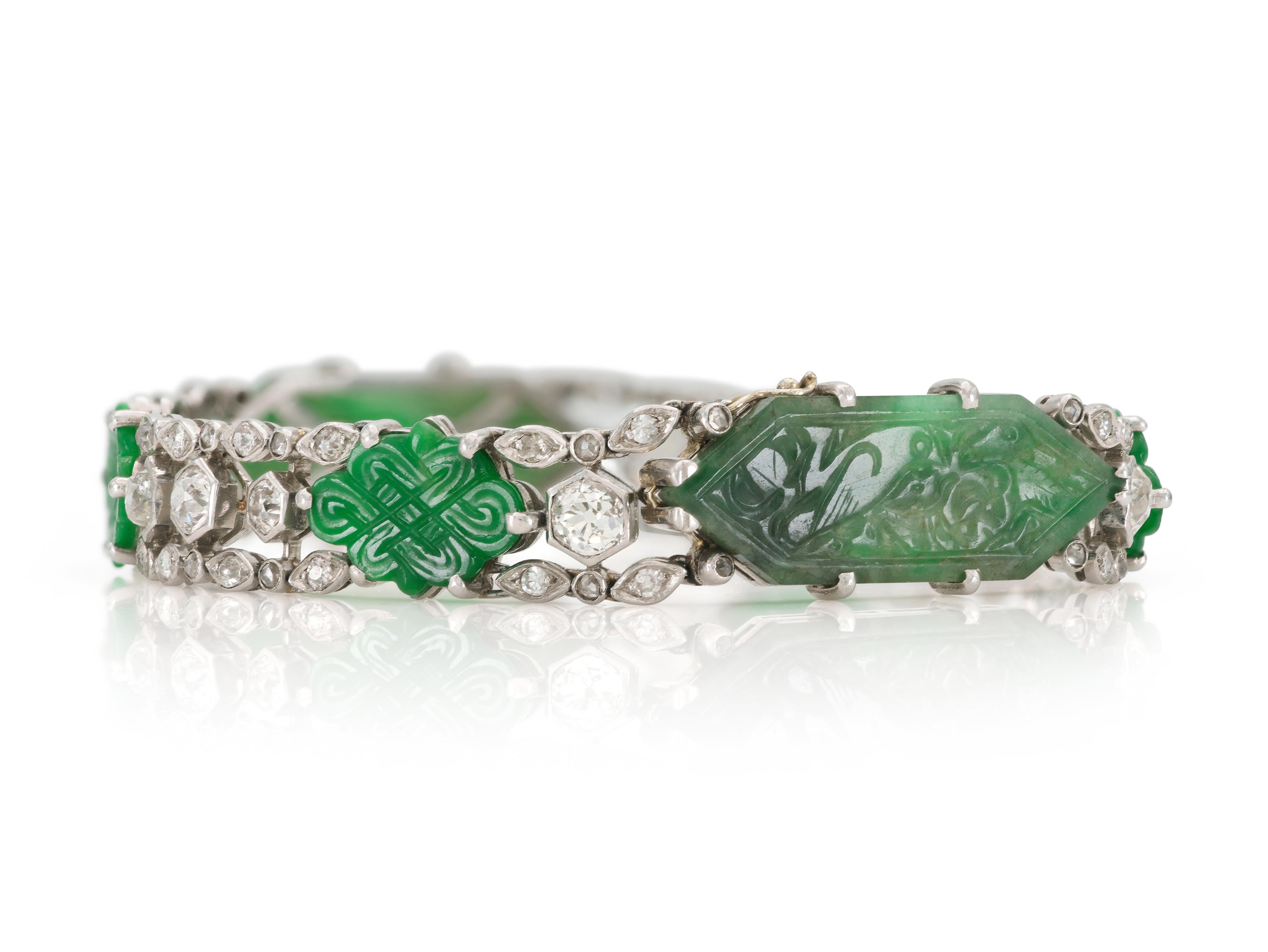 Antike Edwardian 1910s geschnitzt Jade und Diamant-Armband (Alteuropäischer Schliff) im Angebot