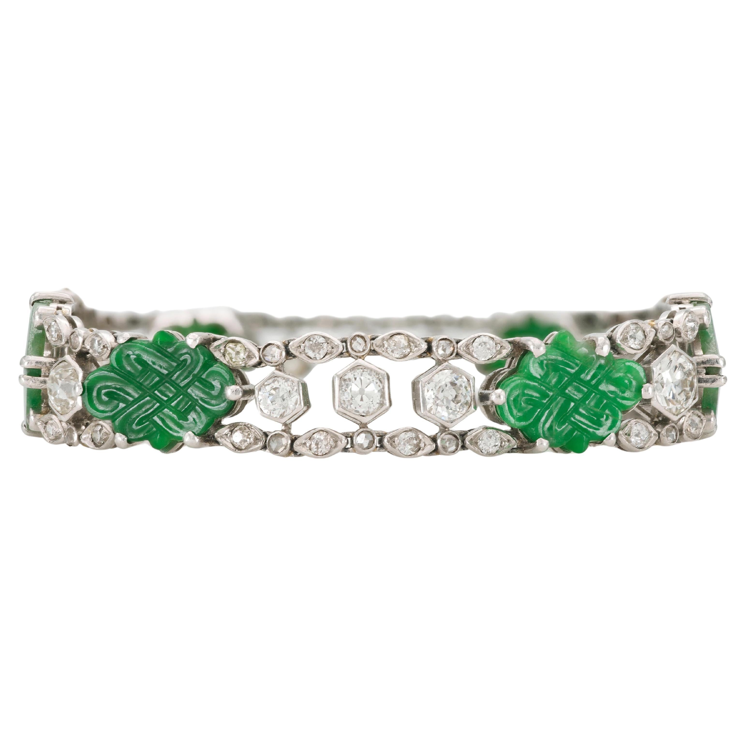 Antique Edwardian 1910s Carved Jade and Diamond Bracelet