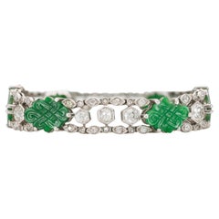 Antique Edwardian 1910s Carved Jade and Diamond Bracelet