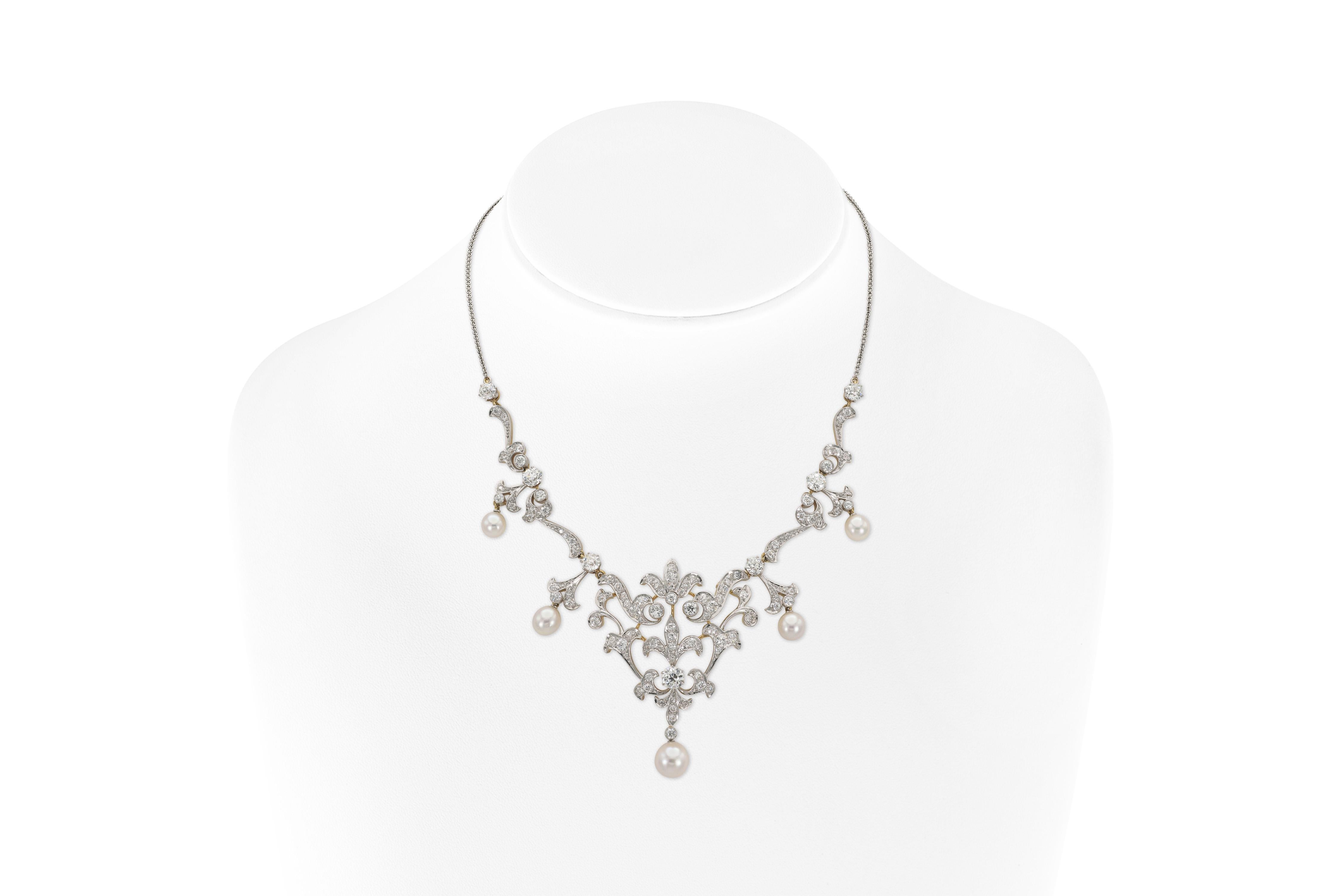 Édouardien Collier édouardien ancien des années 1910 avec perles et diamants de 8,50 carats en vente