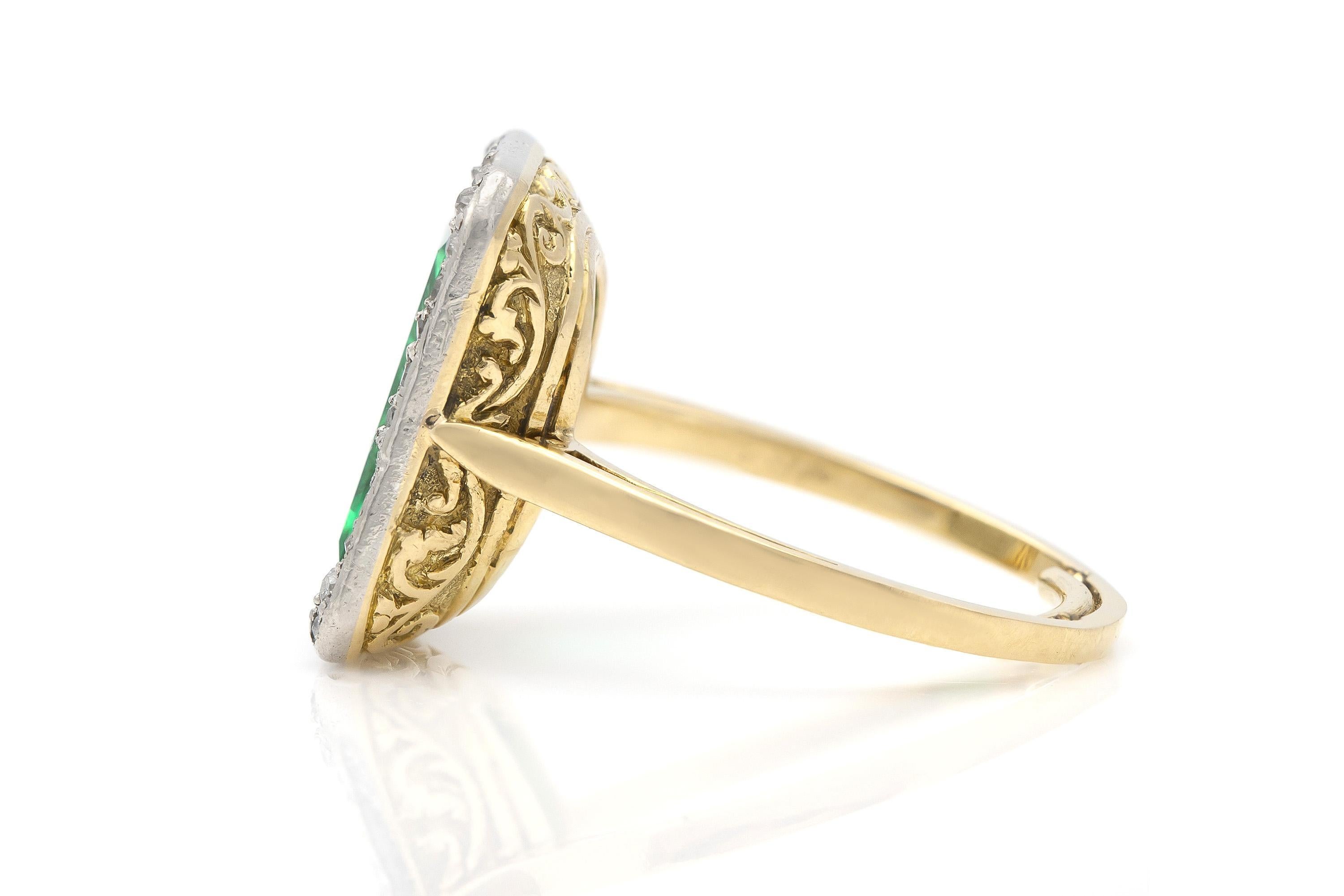 Emerald Cut Antique Edwardian 1910s Russian Ural Mountains Emerald Ring with Diamonds For Sale