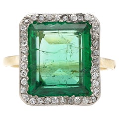 Antique Edwardian 1910s Russian Ural Mountains Emerald Ring with Diamonds