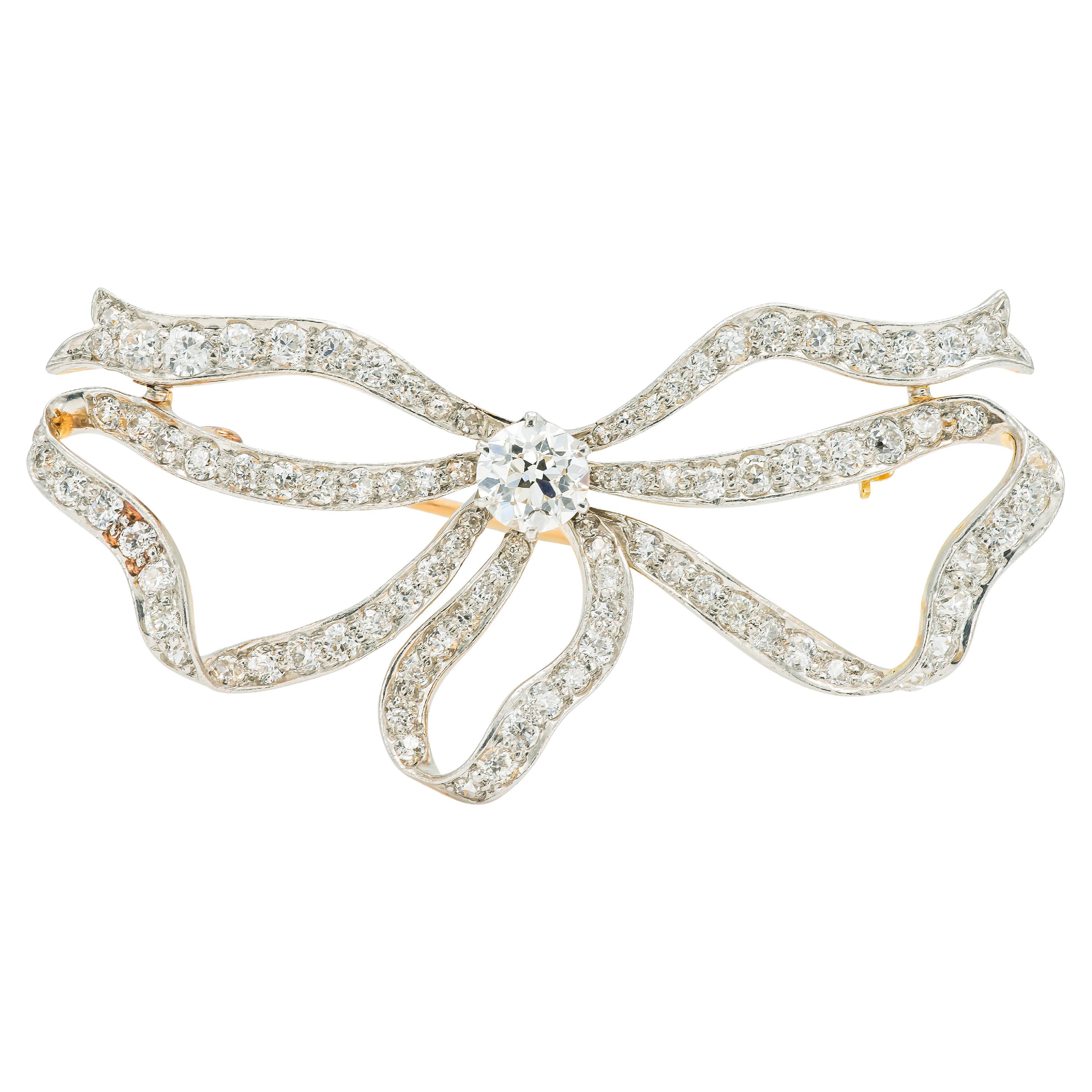 Broche Tiffany & Co. 4.50 Carat Diamond Bow Ribbon Antique Edwardian 1910s