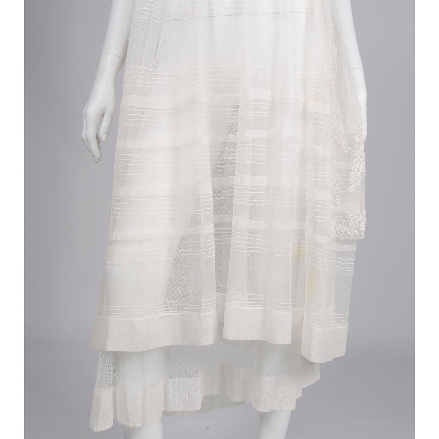 Antique Edwardian 1910s Vintage Ivory Net Tulle Dress W Soutache Embroidery Trim For Sale 2