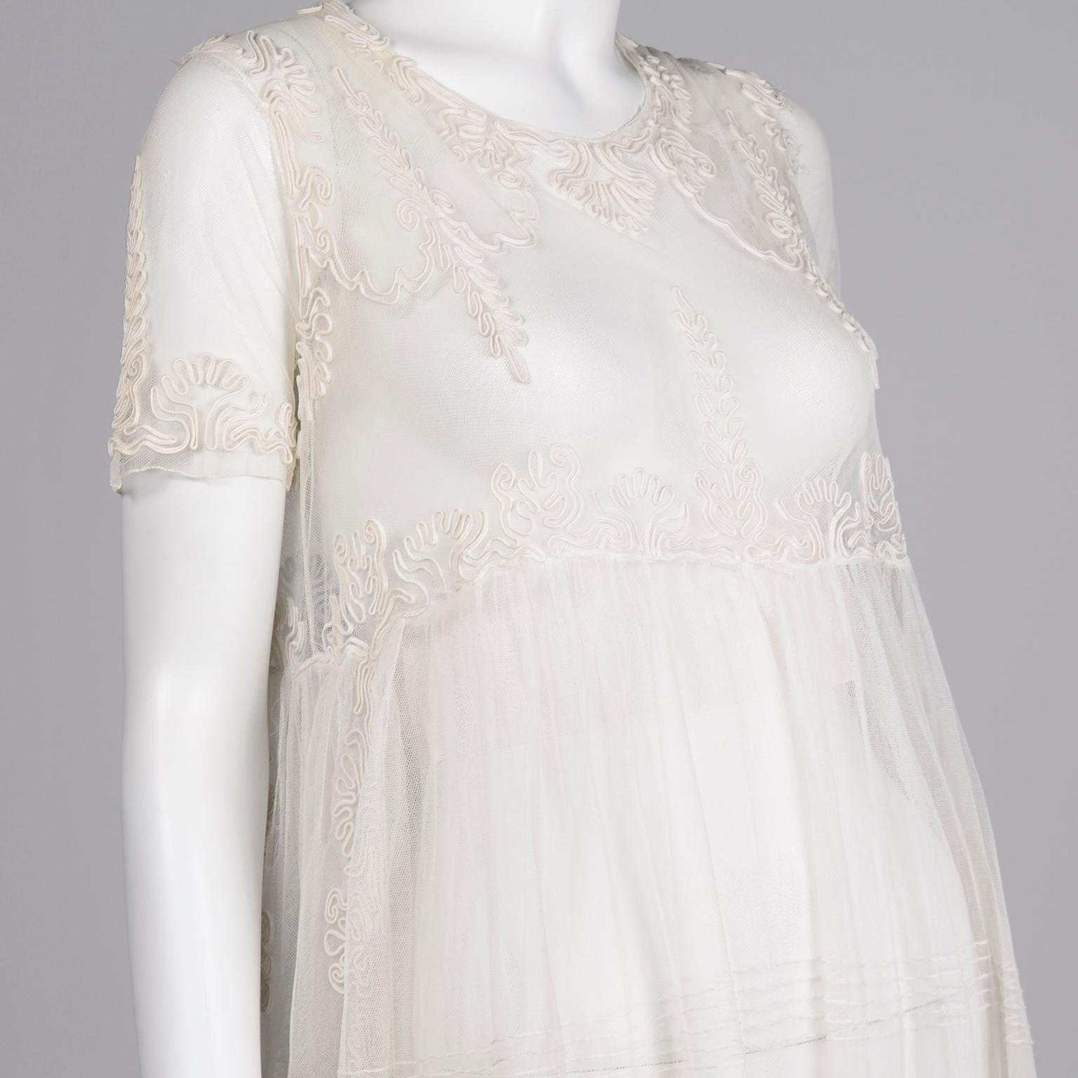 Antique Edwardian 1910s Vintage Ivory Net Tulle Dress W Soutache Embroidery Trim For Sale 3