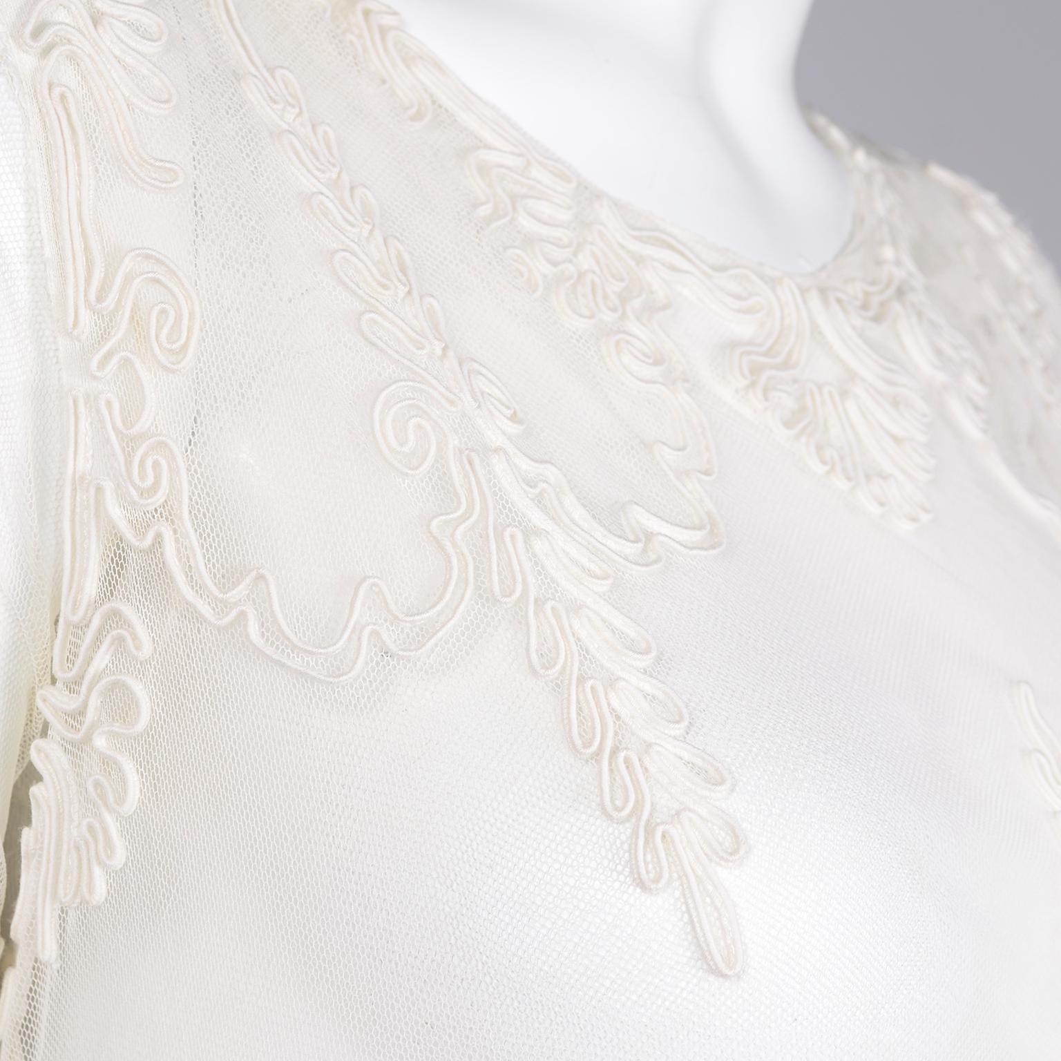 Antique Edwardian 1910s Vintage Ivory Net Tulle Dress W Soutache Embroidery Trim For Sale 4
